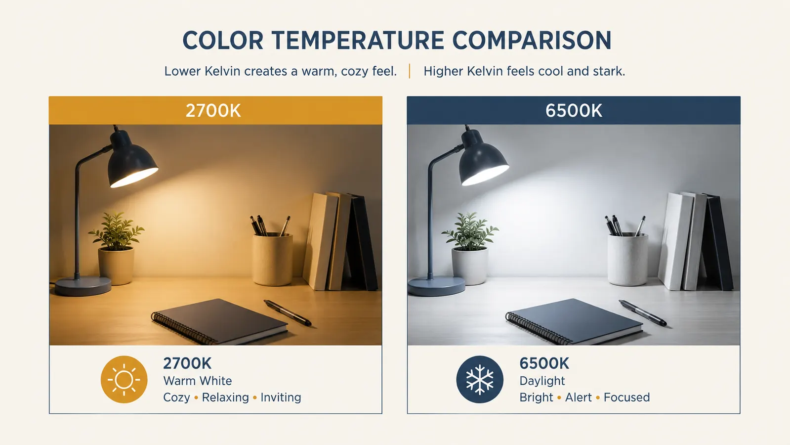 Split diagram showing warm 2700K light versus cool 6500K light side by side on a desk surface