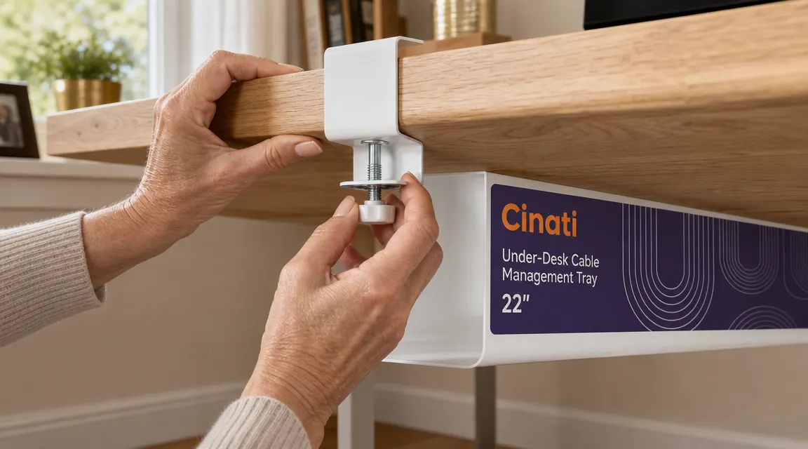 Hands tightening the metal clamp of a Cinati cable tray onto the edge of a wooden desk