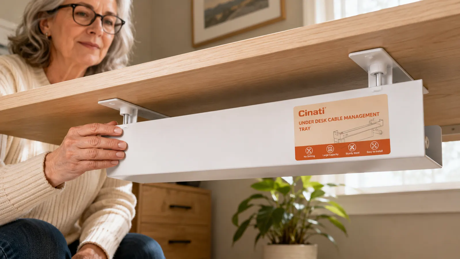 Cinati white cable management tray mounted under a light wood desk, holding bundled cables and a power strip