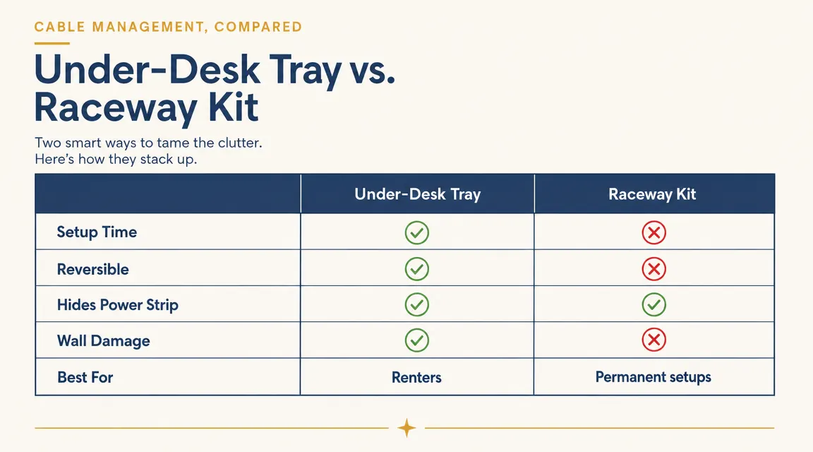 Side-by-side comparison chart: cable tray vs raceway kit across five criteria with Cinati winning four