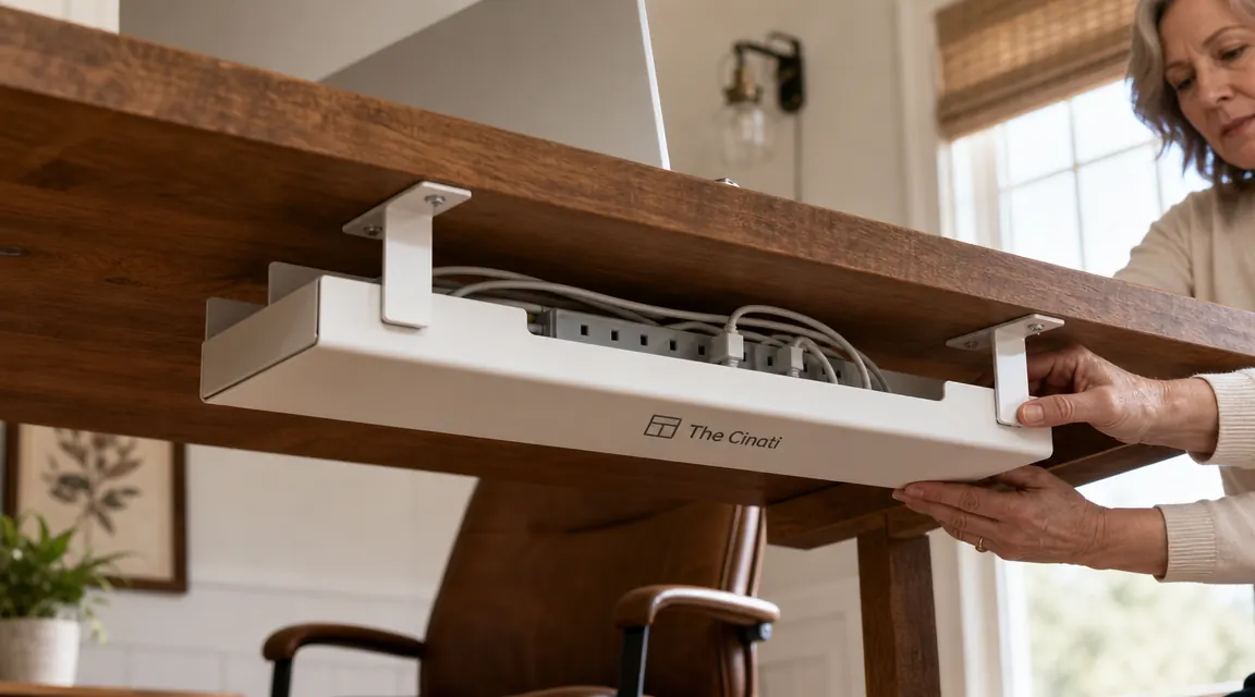 Under-desk view showing a white cable management tray clamped to the desk underside, power strip and cables neatly gathered inside