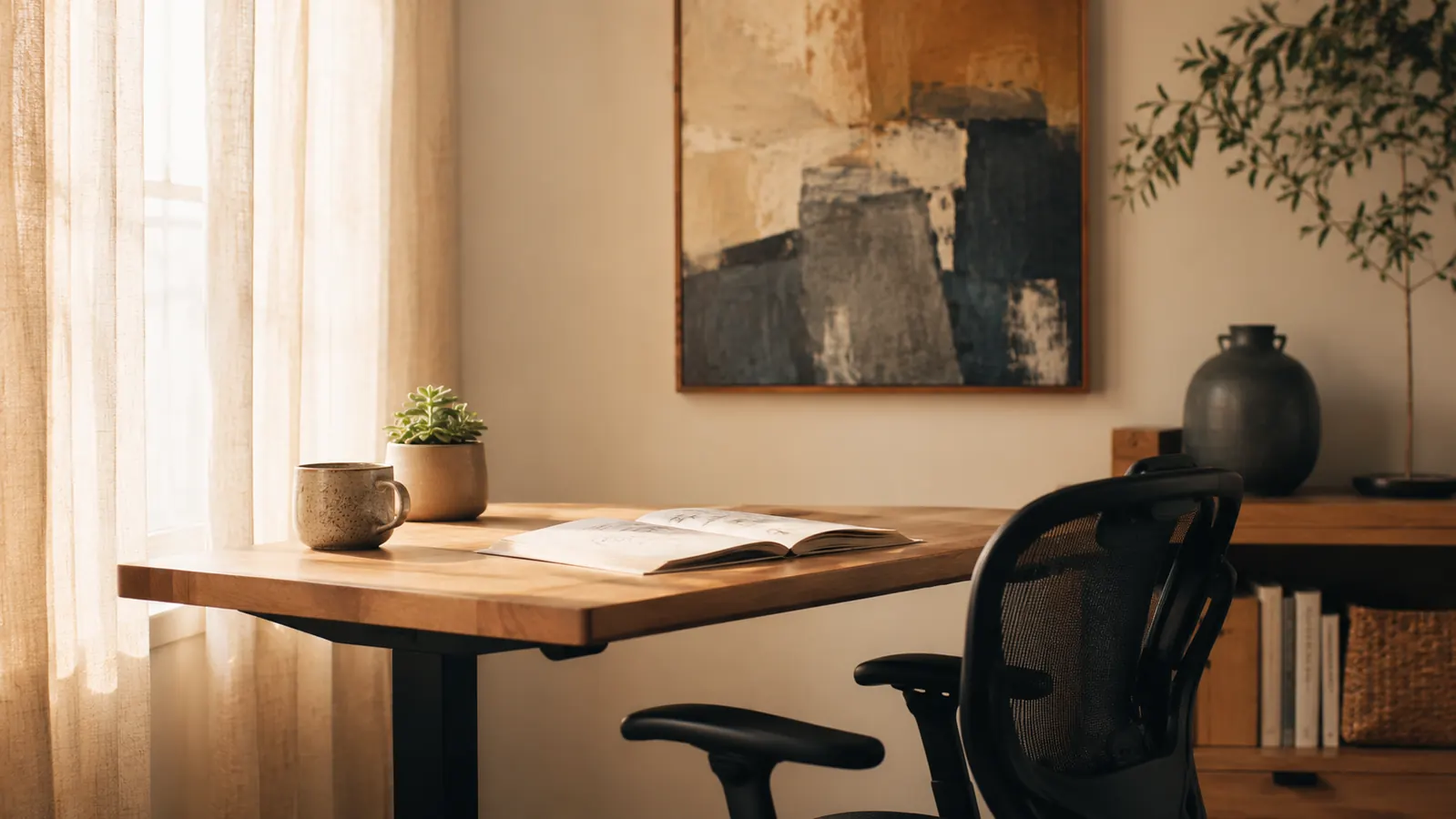 A warm, lived-in home office at evening with a monitor, a wireless keyboard, an ergonomic chair, and a soft amber lamp glow