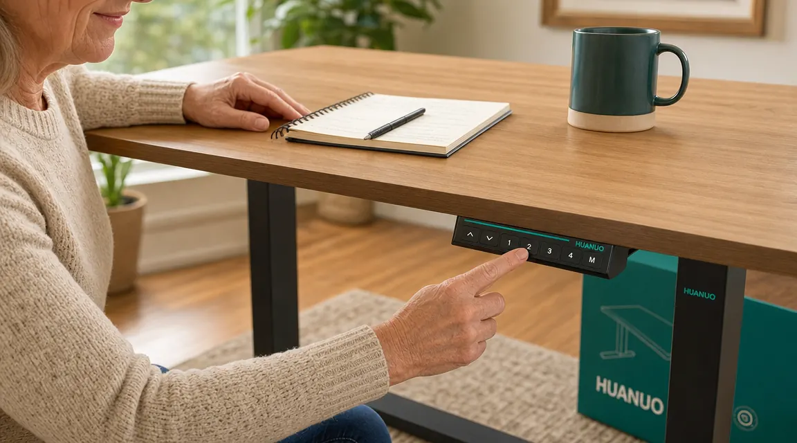 Close-up of hands adjusting the height-preset control panel on the HUANUO standing desk