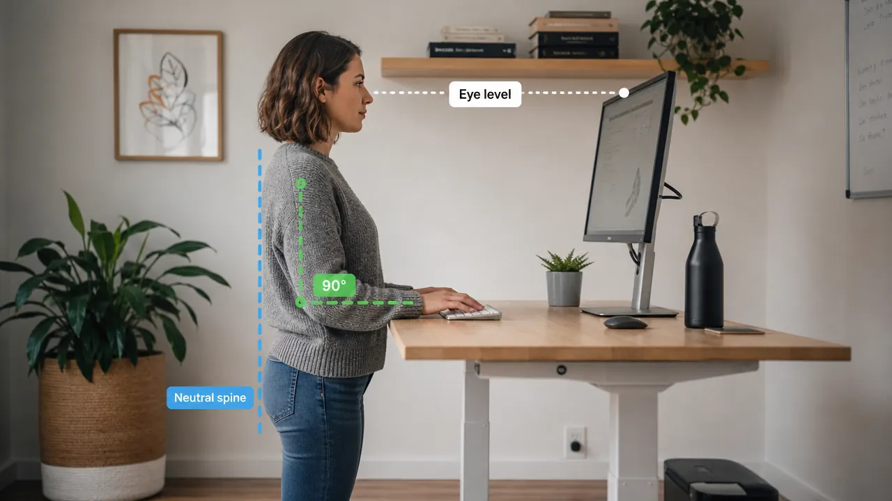 Side view of a person standing at a desk with correct posture, elbows at 90 degrees, monitor at eye level
