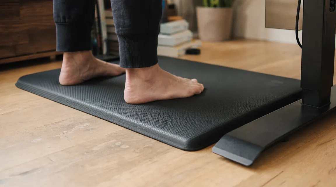 Anti-fatigue mat on the floor in front of a standing desk, with bare feet standing on it