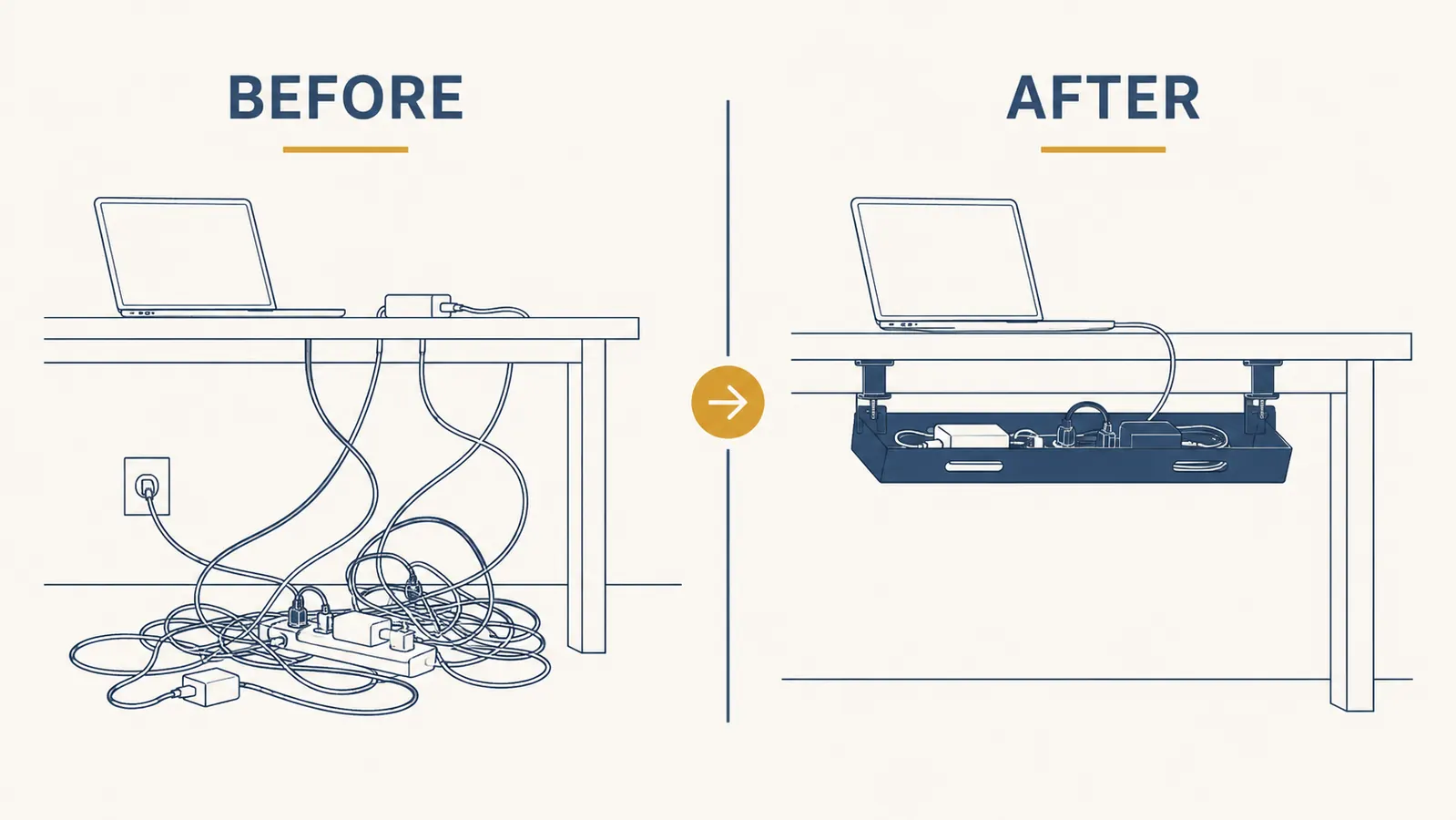 Before and after side-by-side showing messy cable floor vs clean under-desk cable tray setup