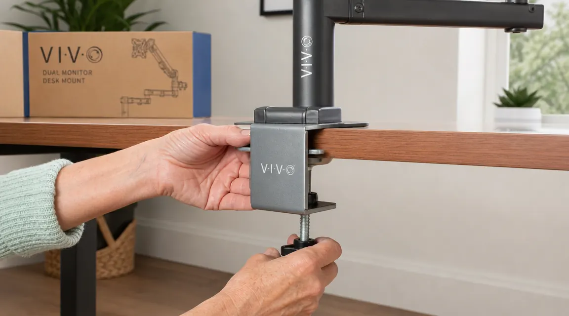 Close-up of hands tightening the desk clamp on a VIVO dual monitor mount, grasping the silver clamp screw against the edge of a wooden desk