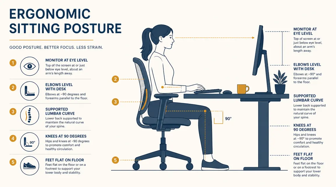 Diagram showing correct seated posture: feet flat, knees at 90 degrees, lumbar supported, monitor at eye level