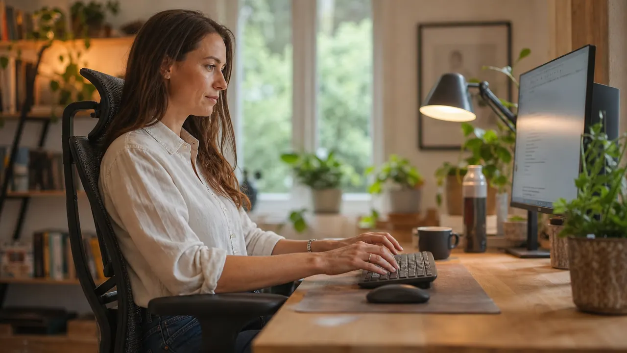 Person at a home office desk with armrests adjusted to elbow height, keyboard within easy reach, relaxed shoulders