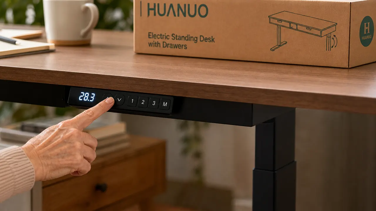 Close-up of a hand pushing the up button on the HUANUO desk's digital height controller