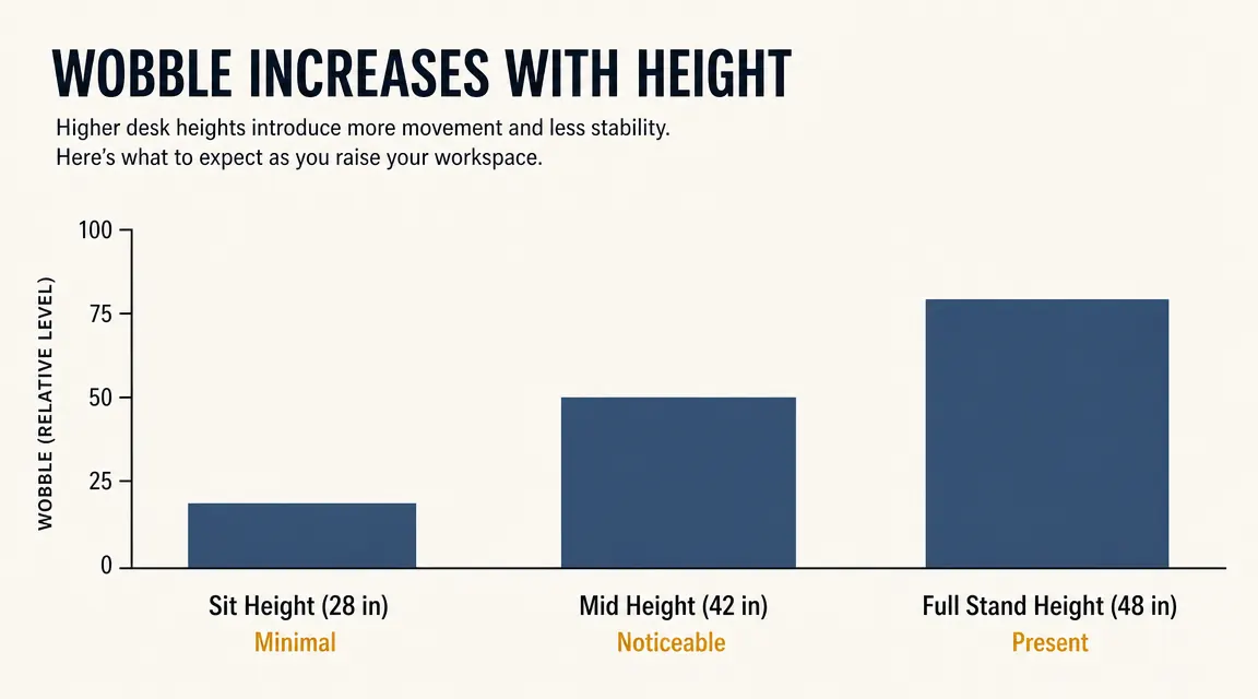 Diagram comparing desk wobble at sit height versus standing height on a electric standing desk