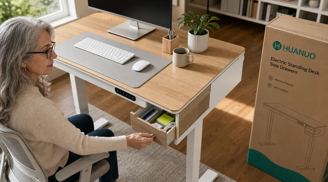 HUANUO electric standing desk showing the two built-in drawers on the left side, white desktop, hand resting on drawer pull