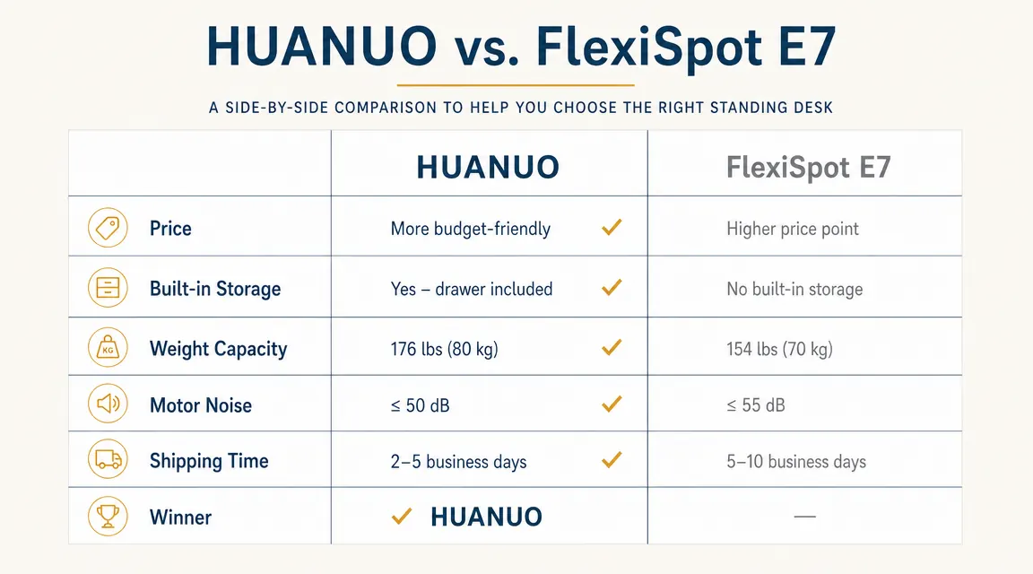 Side-by-side comparison chart of HUANUO and FlexiSpot E7 standing desks across price, drawers, weight capacity, and noise