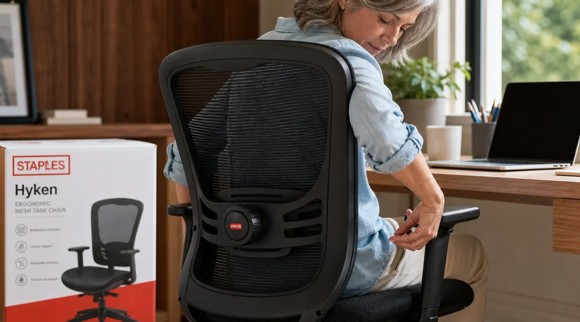 Close-up of a person adjusting the lumbar support knob on a black mesh office chair