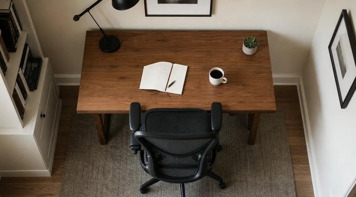 Overhead view of a tidy home office desk with a mesh chair pushed in, notebook and coffee cup, clean and calm