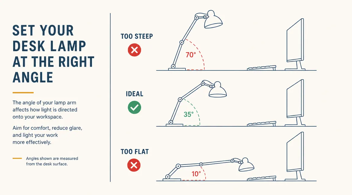 Annotated diagram showing correct and incorrect lamp arm positioning angles relative to a monitor and keyboard, with a 35-degree ideal angle marked