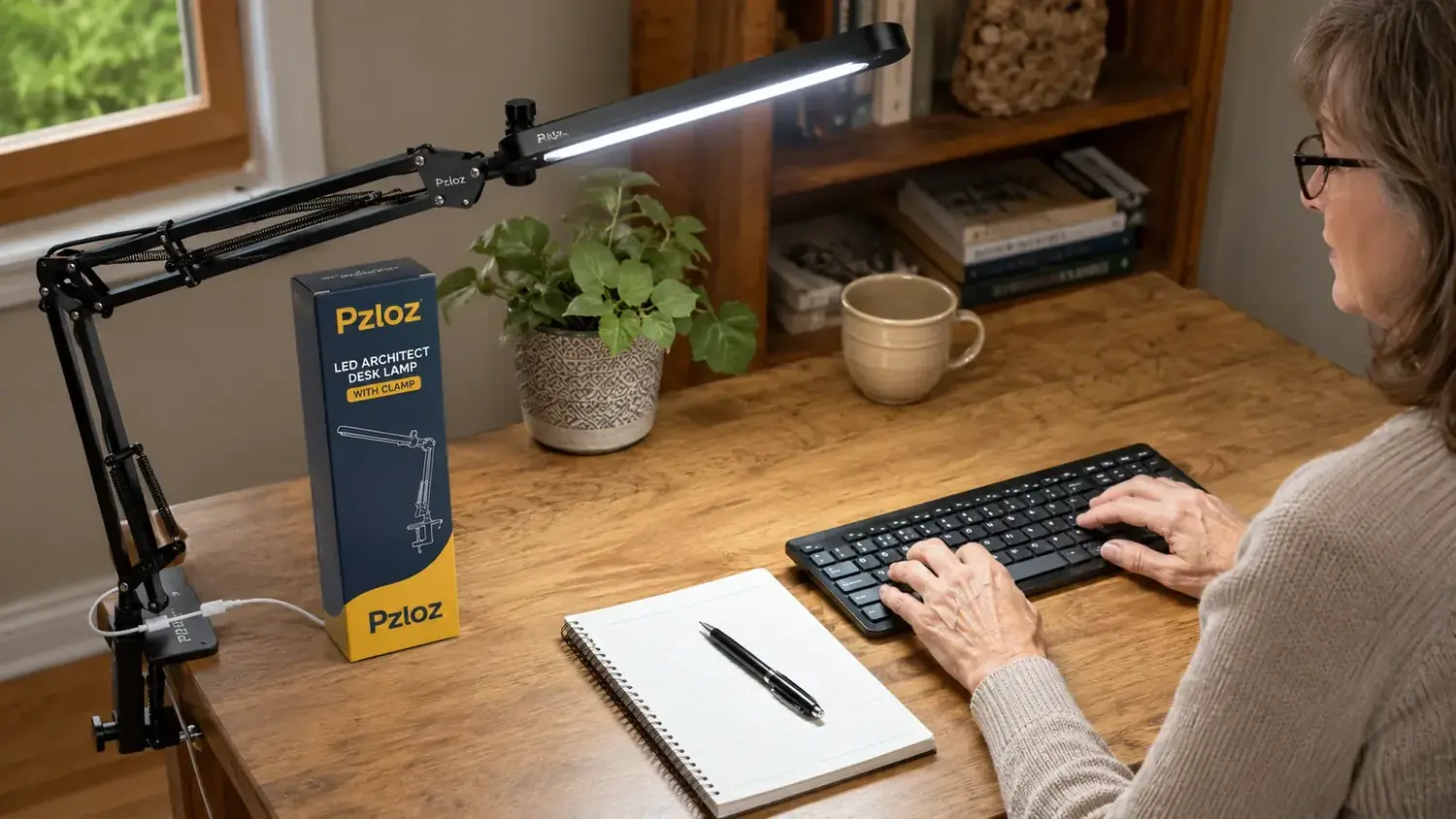 Pzloz LED desk lamp clamped to the edge of a wooden desk, arm extended over a keyboard, USB port visible on the base