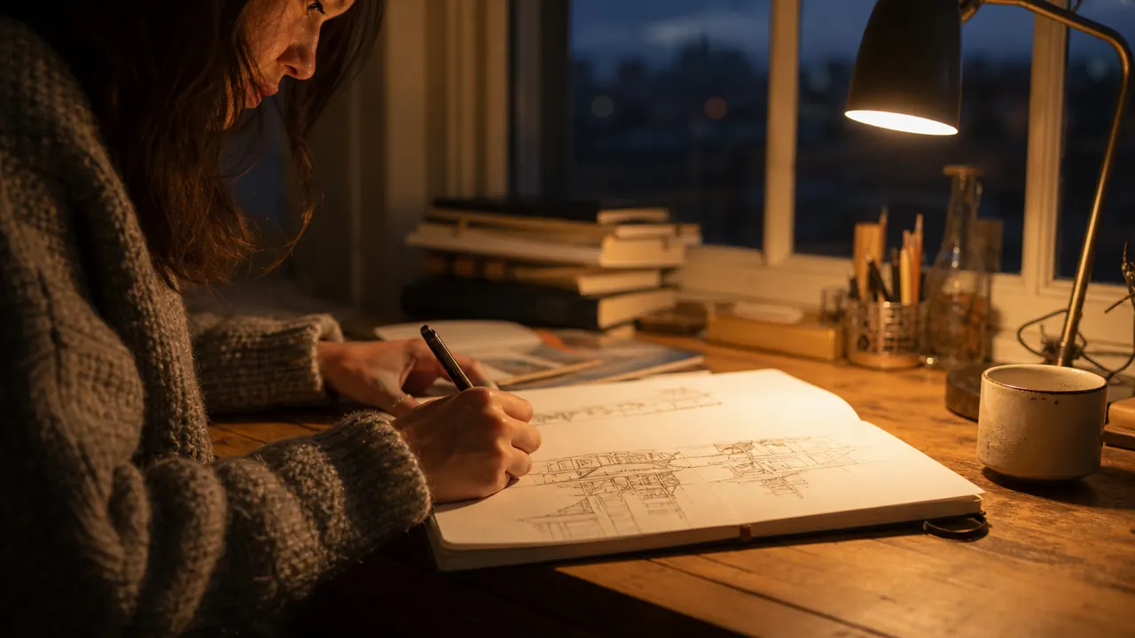 Person sketching in a notebook under warm desk lamp light in a cozy home office at dusk, no overhead lights on