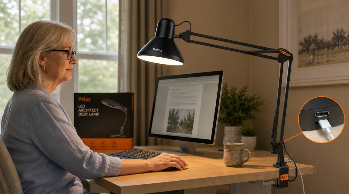 Close view of the Pzloz architect desk lamp clamped to a desk edge, its arm angled to direct light onto a keyboard, USB port visible on the base