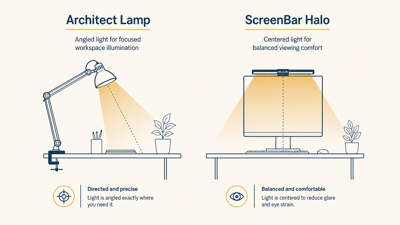 Side-by-side diagram showing light spread of a clamp architect lamp versus a monitor-mounted screenbar