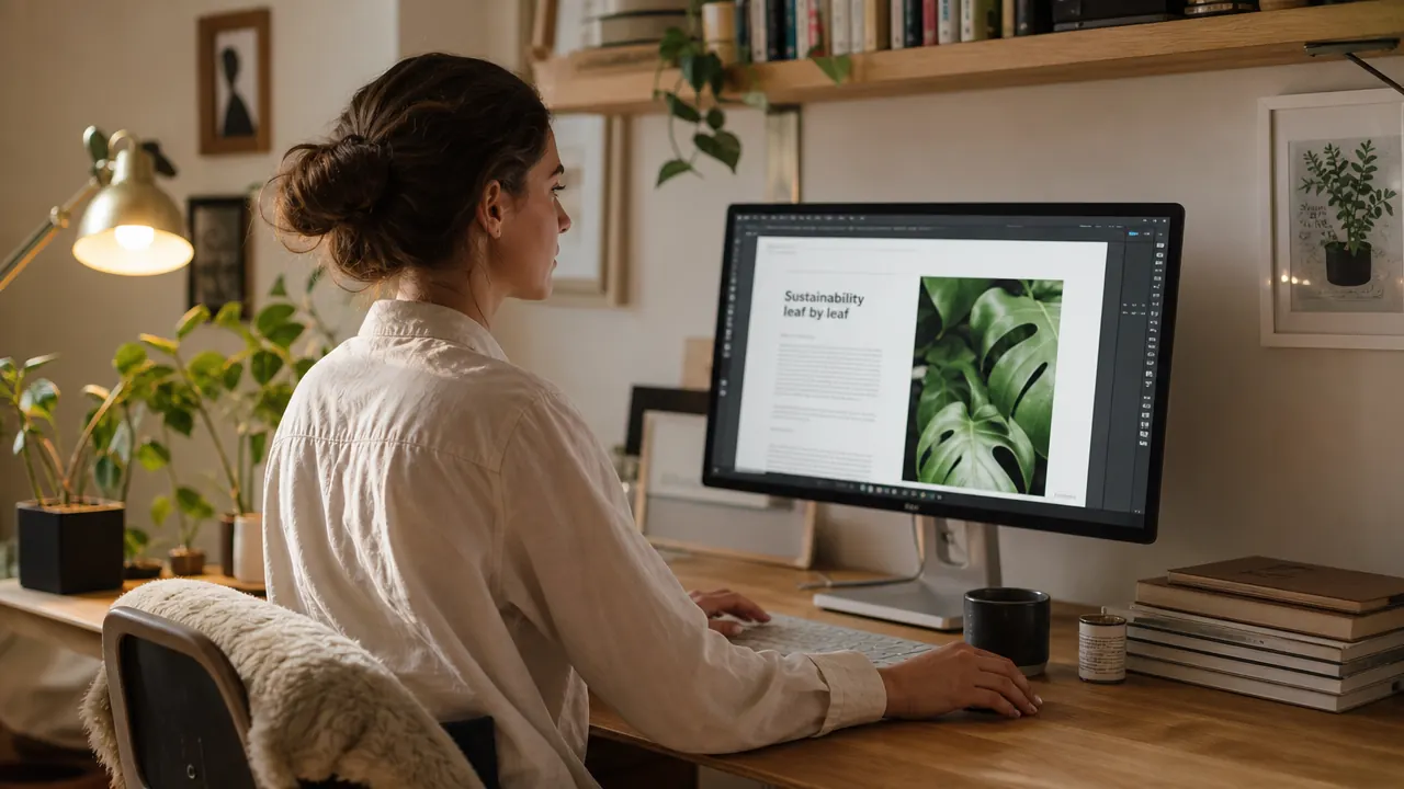 Relaxed woman working at a desk with soft warm lamp light, no overhead glare visible on screen