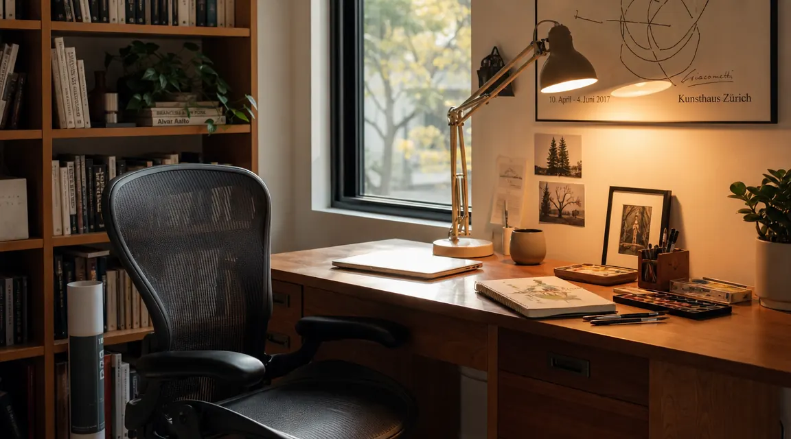Calm home office corner with a mesh chair, a desk lamp casting warm light, and art supplies neatly arranged on a wooden desktop