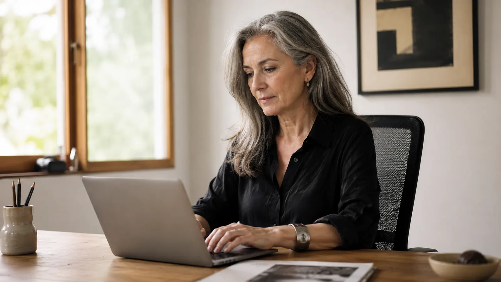 Woman sitting comfortably in a mesh office chair working at a laptop in a well-lit home office space