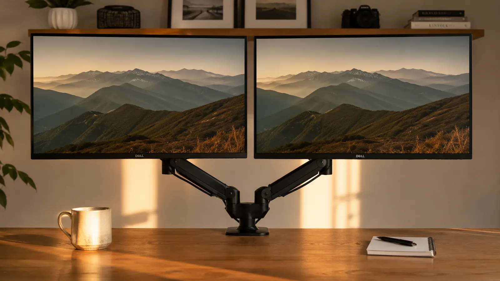 Two 27-inch monitors on VIVO dual arms at eye level, desk surface clear beneath them, a mug and a pen the only items visible