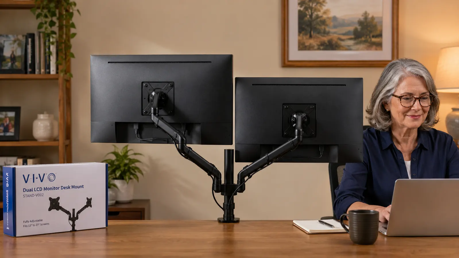 Two monitors on VIVO arms tilted at slightly different angles, cables routed neatly through the arm channels