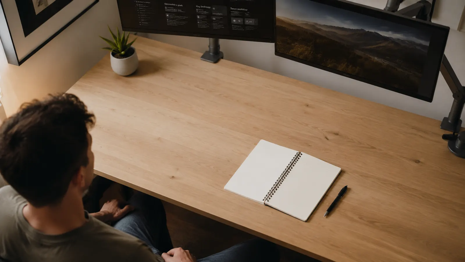 Overhead view of a tidy home office desk with dual monitors, a notebook, and a plant, showing how much desk surface is reclaimed with a monitor arm