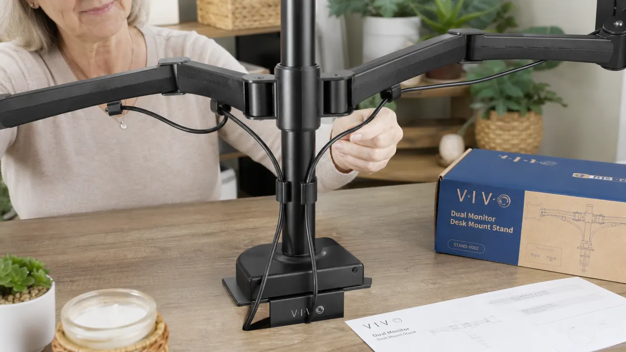 Close-up of VIVO dual monitor stand grommet base clamped to a desk edge with cable management channels visible