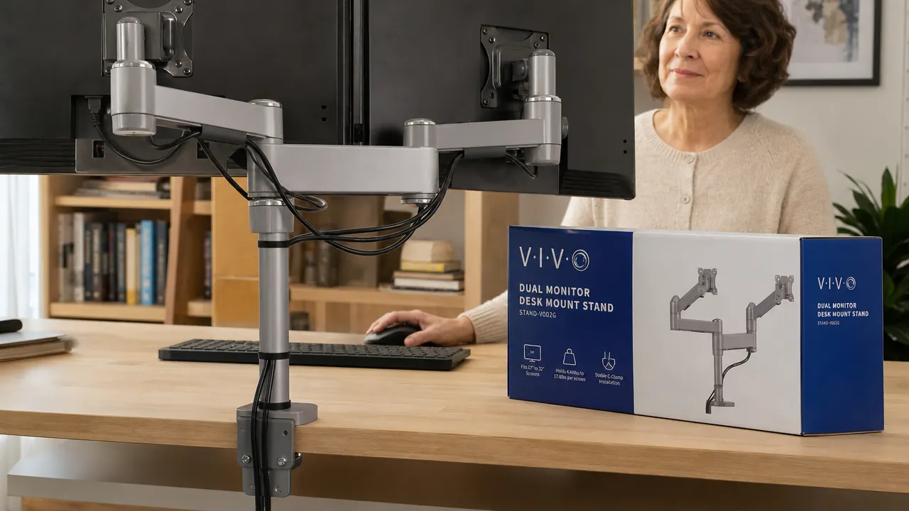 Close-up of the VIVO dual monitor stand arm clamp gripping the edge of a wooden desk, cables routed neatly through the arm